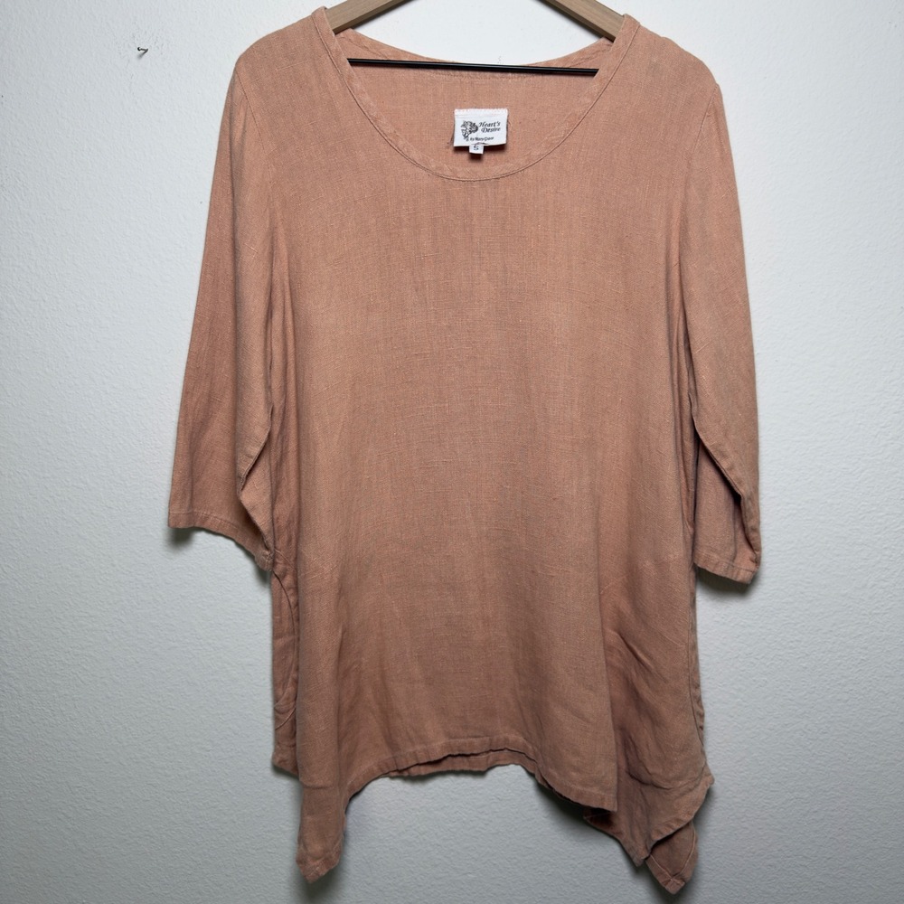 Heart's Desire Women Linen Tunic Top Small Salmon Pink 3/4 Sleeve Lagenlook